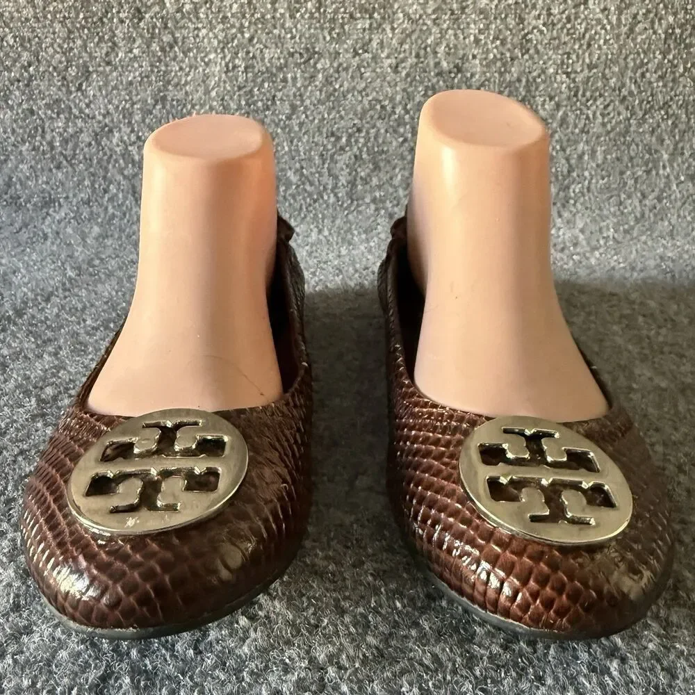 Tory Burch Reva Ballet Flat in Burgundy Snakeskin Print with Silver Medallion 37
